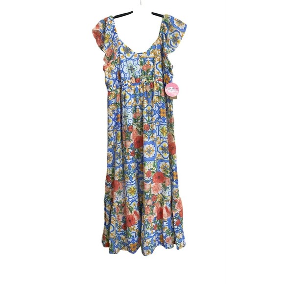 NWT Just Found Floral Dress MultiColor Cap Sleeves Ruffle Hem V-Neck Size XL - Picture 1 of 12